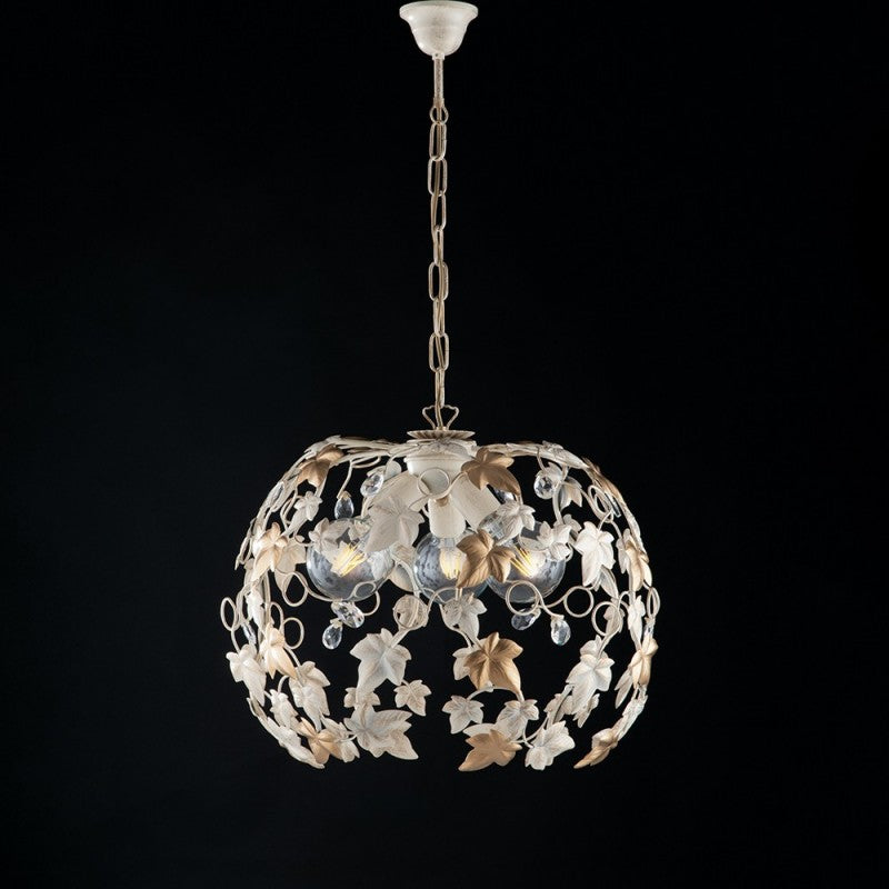 Lustre suspension en fer Ivoire Or et strass trois lumières 50x h45 cm lierre