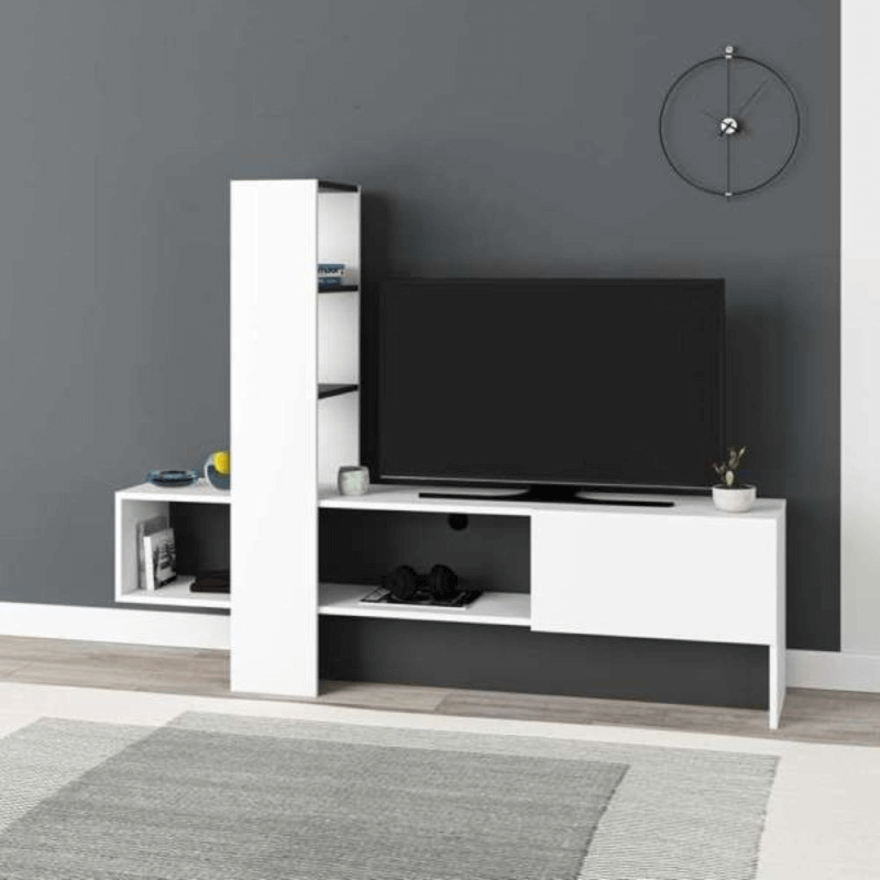 Meuble TV Troya blanc anthracite avec porte abattante