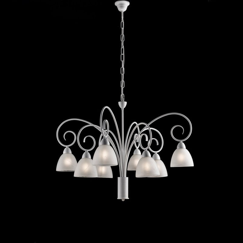 Lustre en fer blanc shabby avec abat-jour en verre d'albâtre blanc huit lumières 81x h58 cm