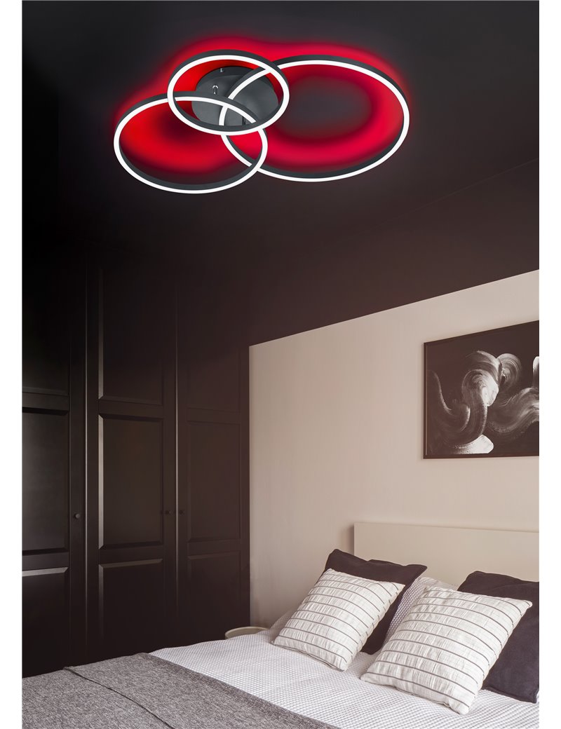 Plafonnier LED rond orientable Winona noir rétroéclairé RGB avec télécommande multifonction l. LED moderne de 77 cm
