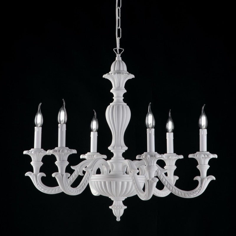 Lustre shabby blanc en bois et pâte de bois à 6 lumières