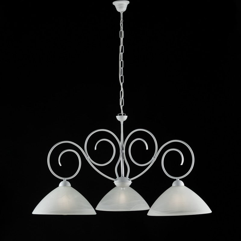 Lustre en fer blanc Shabby à trois lumières et abat-jour en verre blanc 78x h54 cm