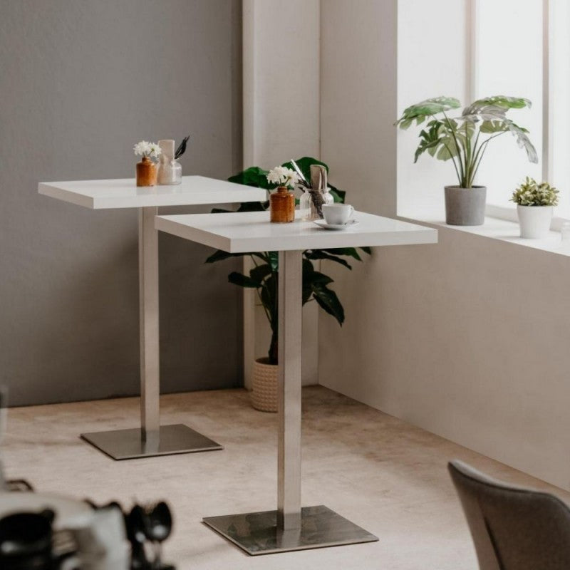 Table haute Quadrato 105 cm plateau blanc et base chromée 70x70xh.105 cm