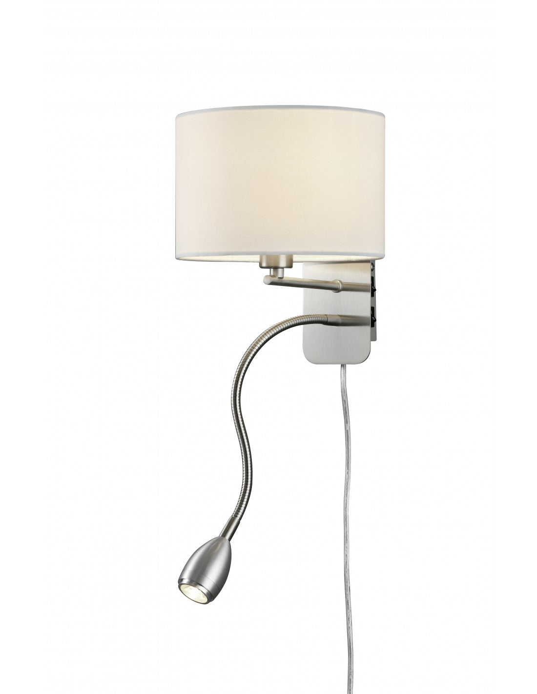 Applique Hôtel Nickel Et Abat-jour Rond Tissu Blanc Avec Liseuse L20 cm Trio Lighting