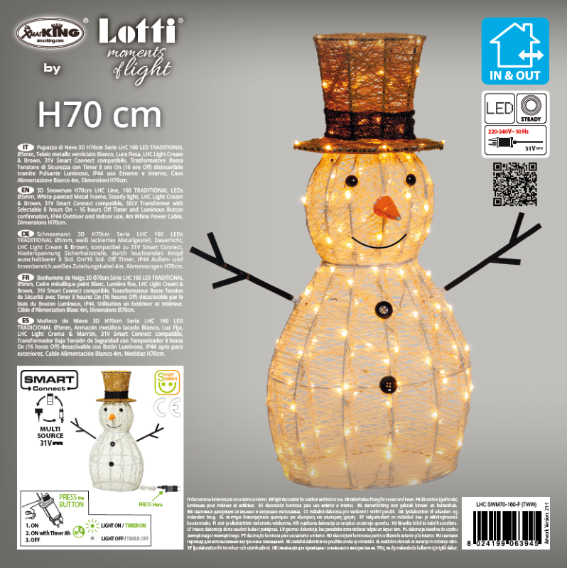Bonhomme de neige LED 3D H70cm Série 160 LED