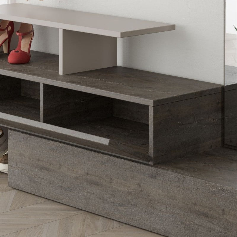 Meuble d'entrée gris tourterelle et noyer avec miroir Ramda 137x35xh154 cm