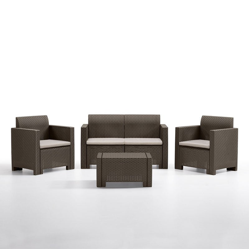 Canapé lounge de jardin en résine avec fauteuils et table basse