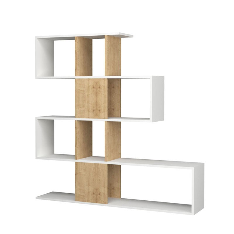 Etagère bibliothèque 4 niveaux 9 compartiments blanc et chêne 145x29xh.145 cm