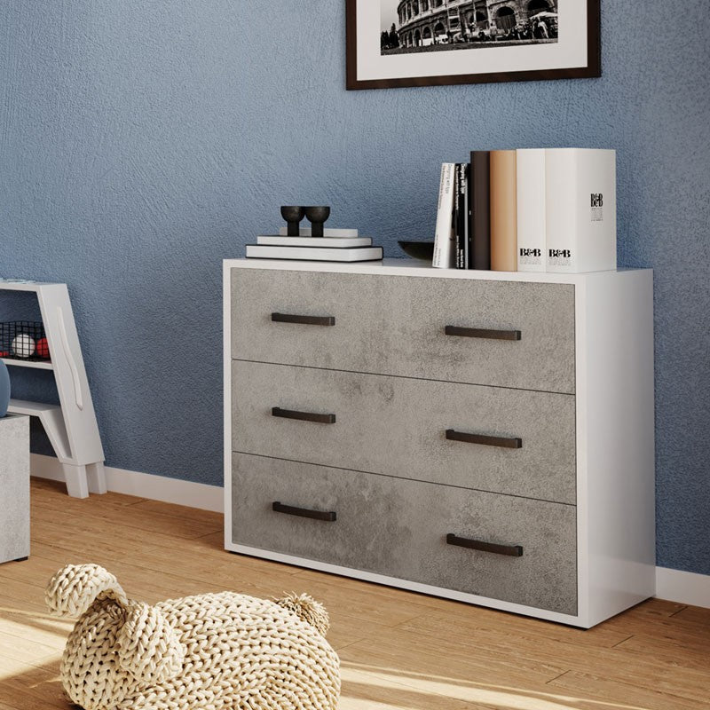 Maxi commode avec 3 tiroirs gris béton en bois mélaminé H.81x L.91x P.45 cm