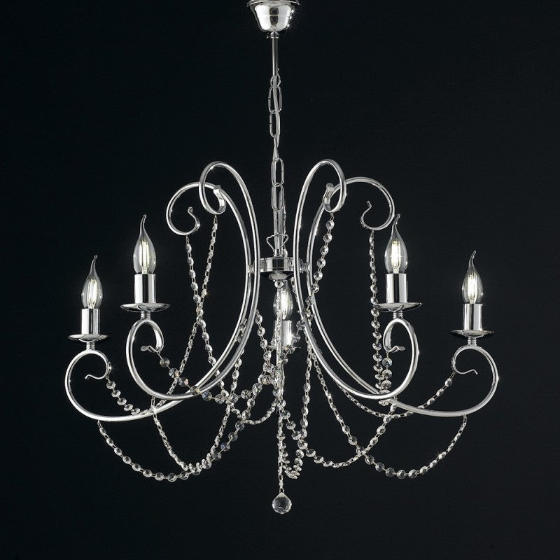 Lustre cinq lumières en fer chromé avec strass 68x h55 cm