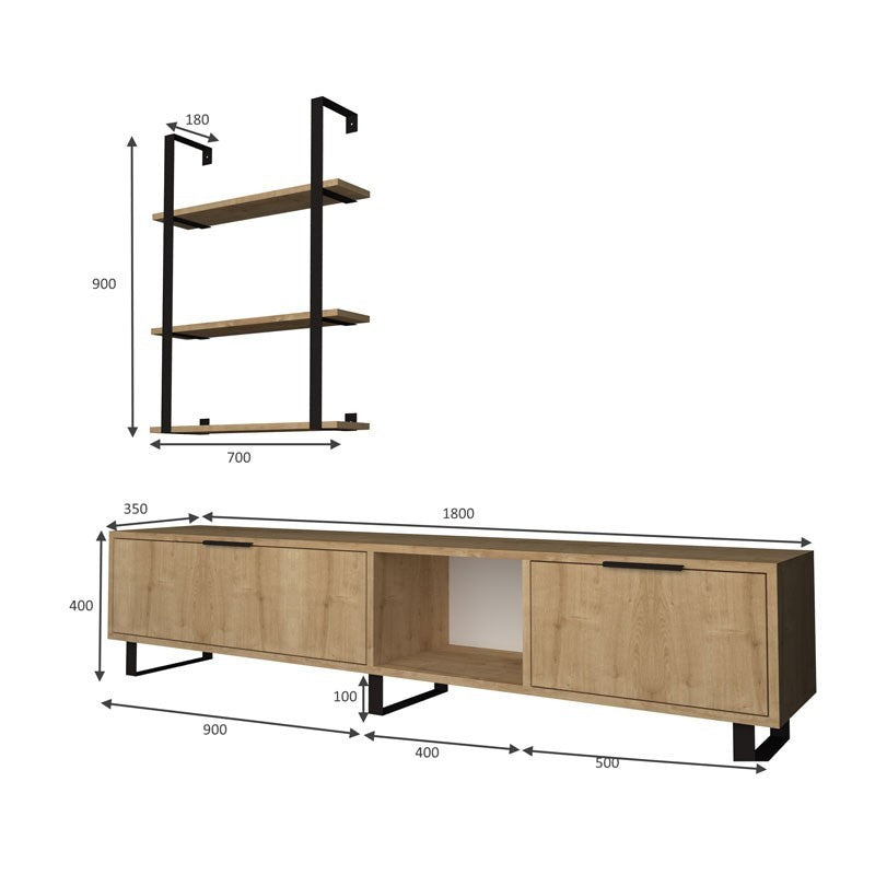 Meuble TV avec 2 abattants et bibliothèque 3 étagères en chêne 180x35xh.40 cm