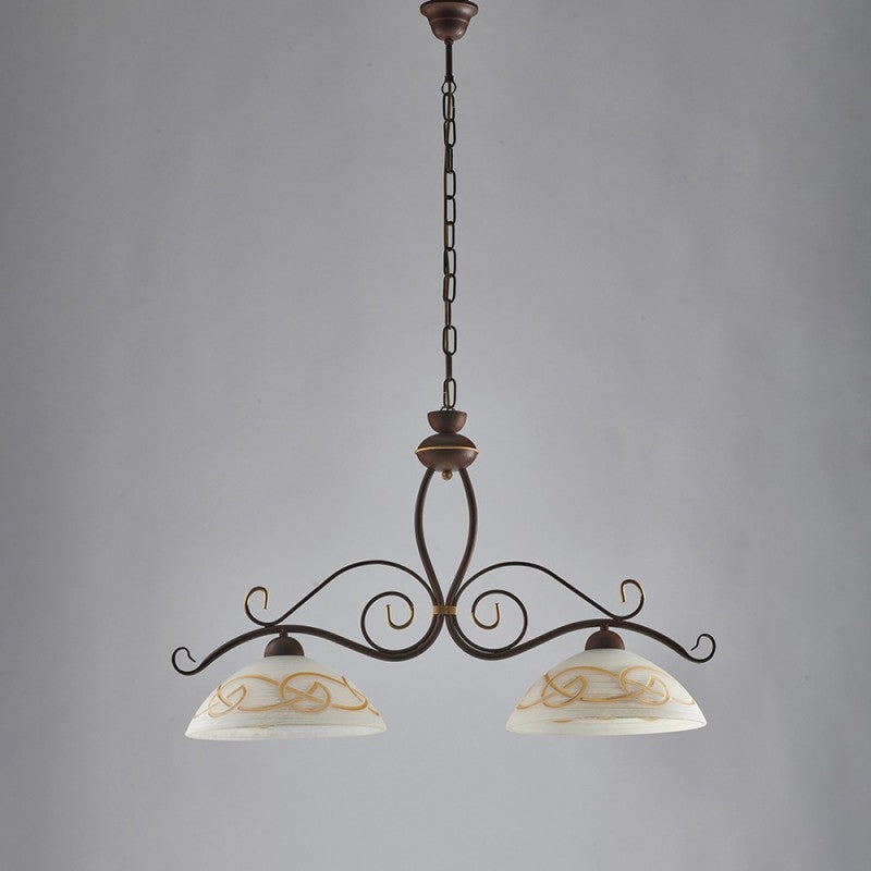 Lustre travaillé en fer noir rouillé finition dorée, deux lumières 81x h50 cm