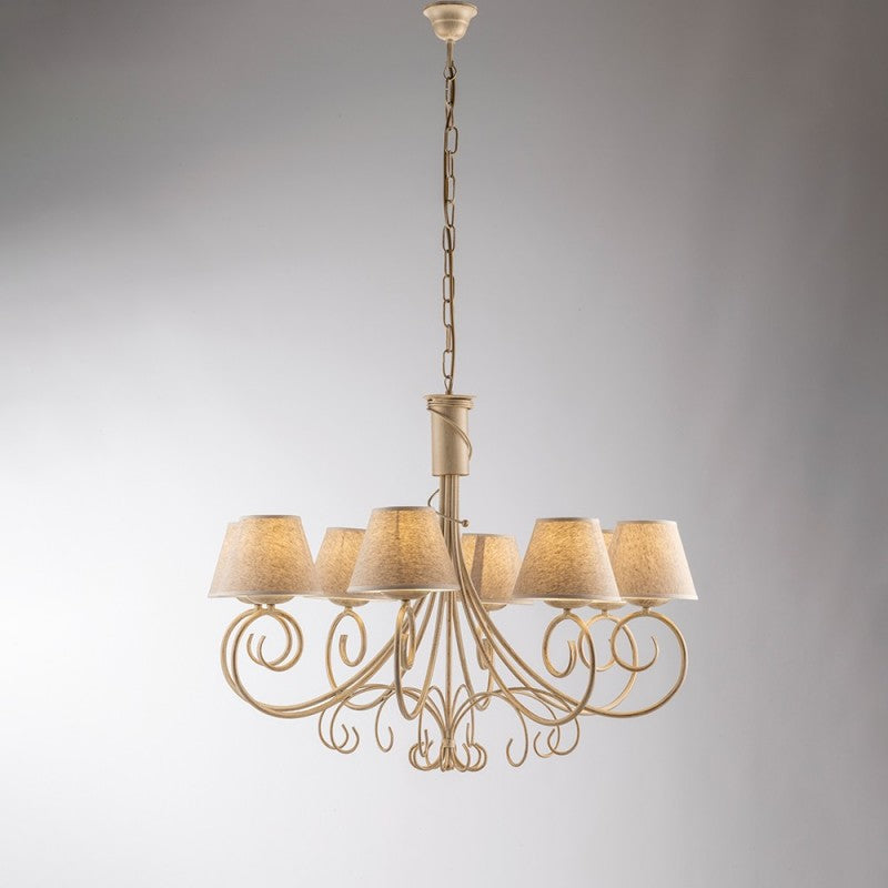 Lustre en fer Vienna Or Ivoire huit lumières abat-jour effet tissu 78x h63 cm