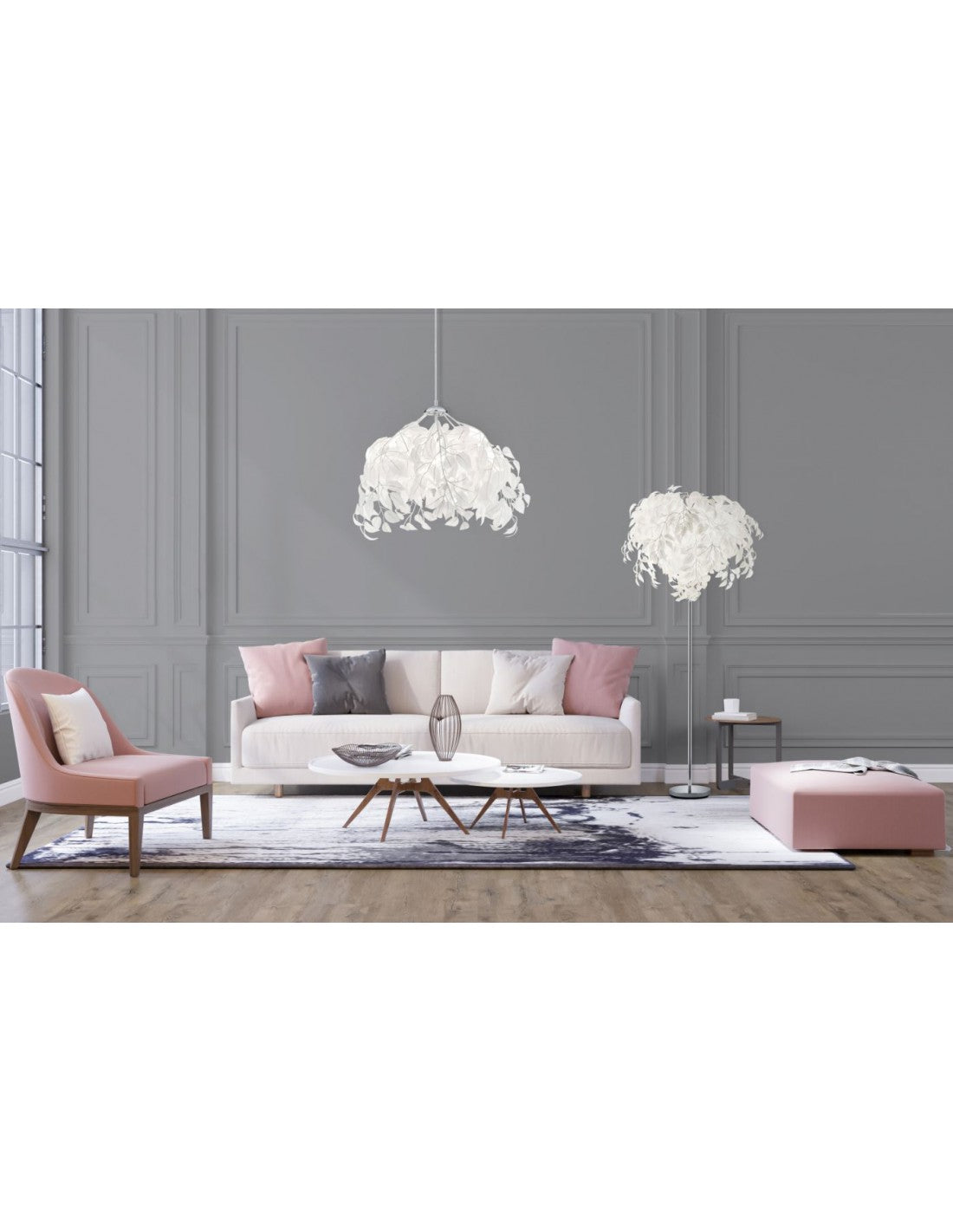 Lampadaire 3 Lumières Feuilles Décoratives Blanches Leavy Trio Lighting