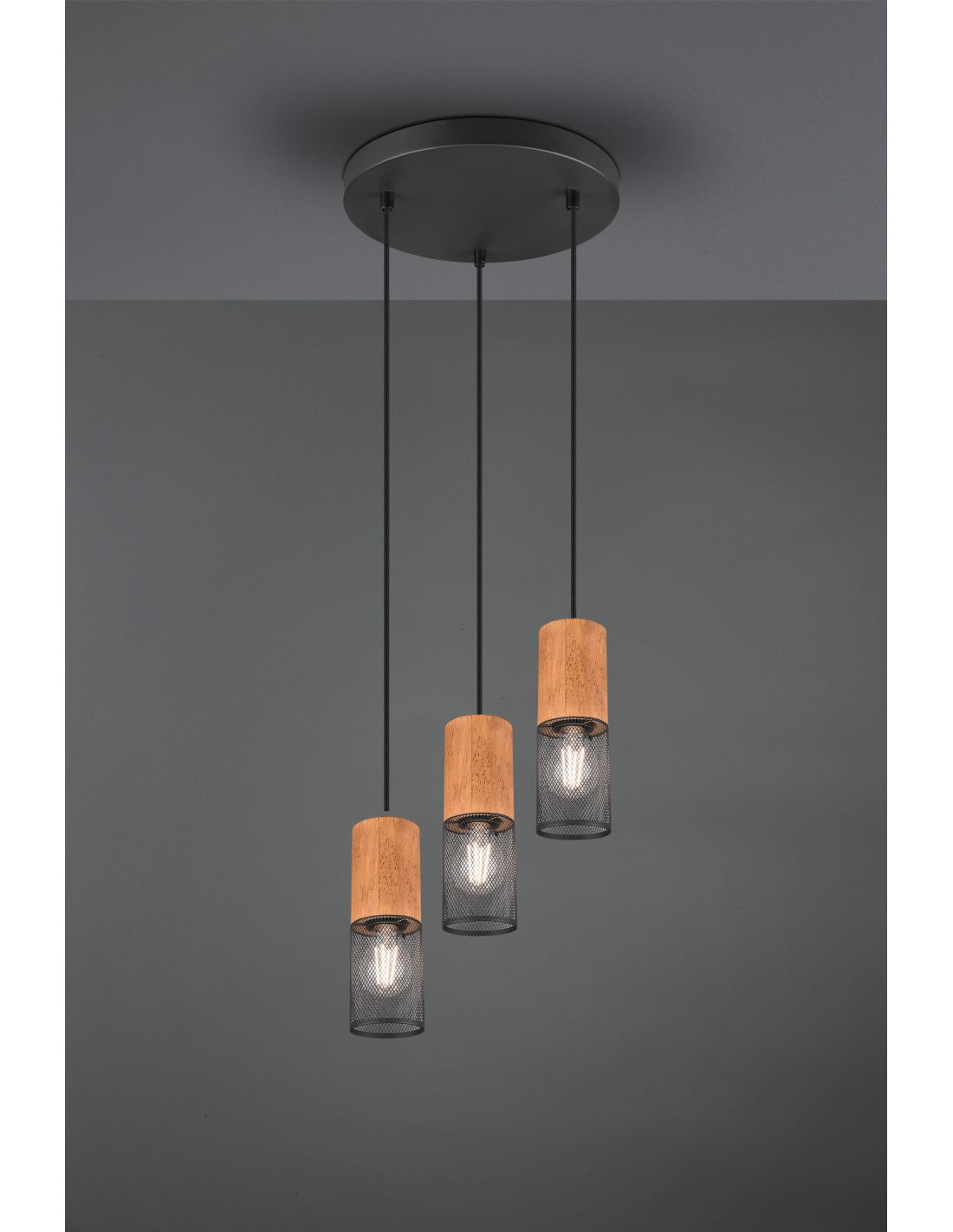 Suspension Tosh Noire 3xE27 Cage Bois Et Métal Ø28 cm Trio Luminaire