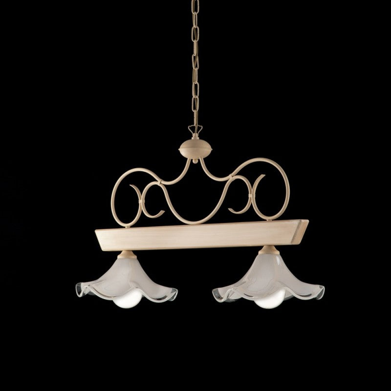 Lustre en bois laqué ivoire et fer à décor décapé, 2 lumières