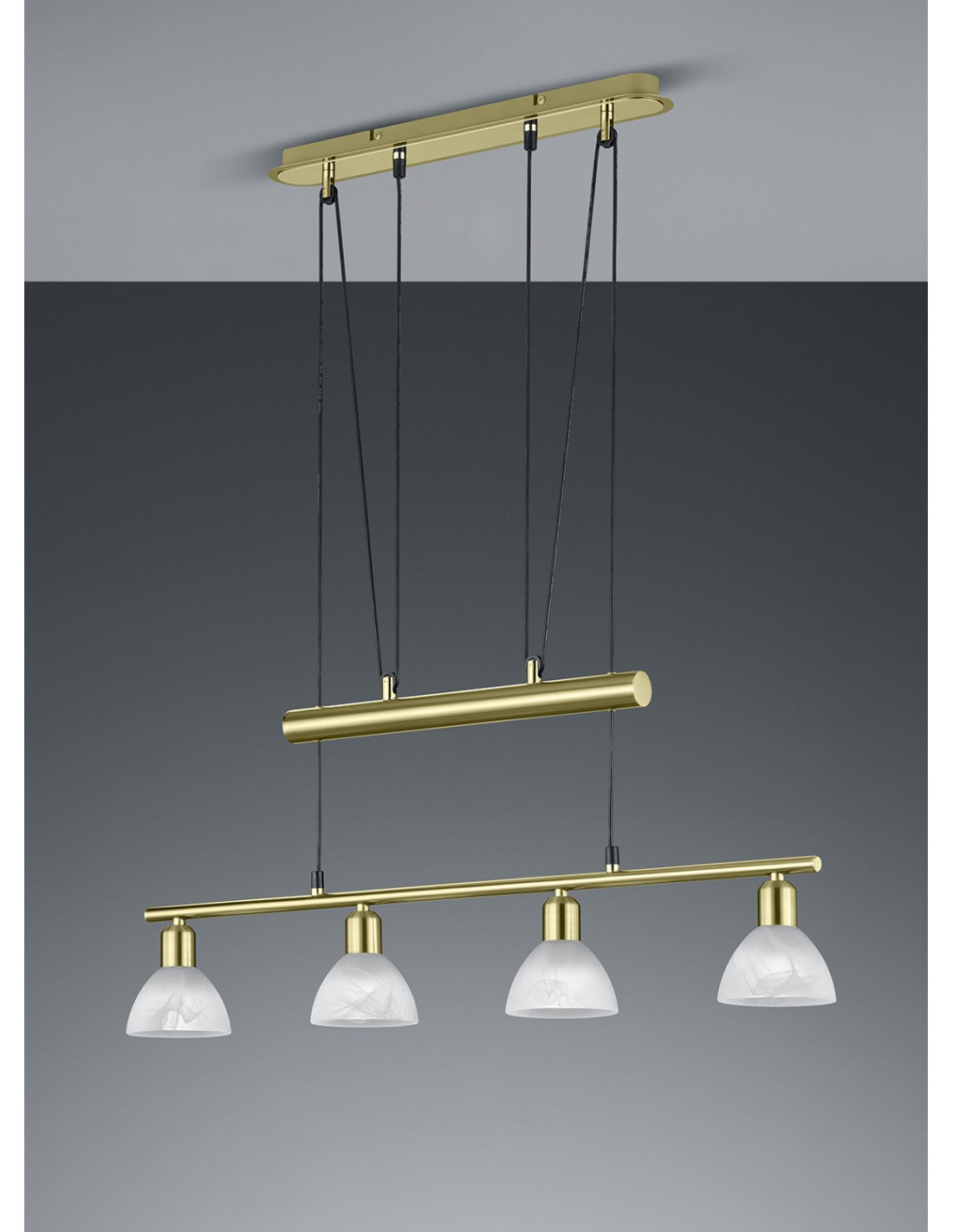 Lustre en laiton haut et bas Barbell 4 abat-jour en verre Levisto Trio Lighting