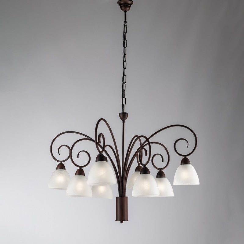 Lustre en fer noir rouille avec abat-jour en verre blanc huit lumières 81x h58 cm