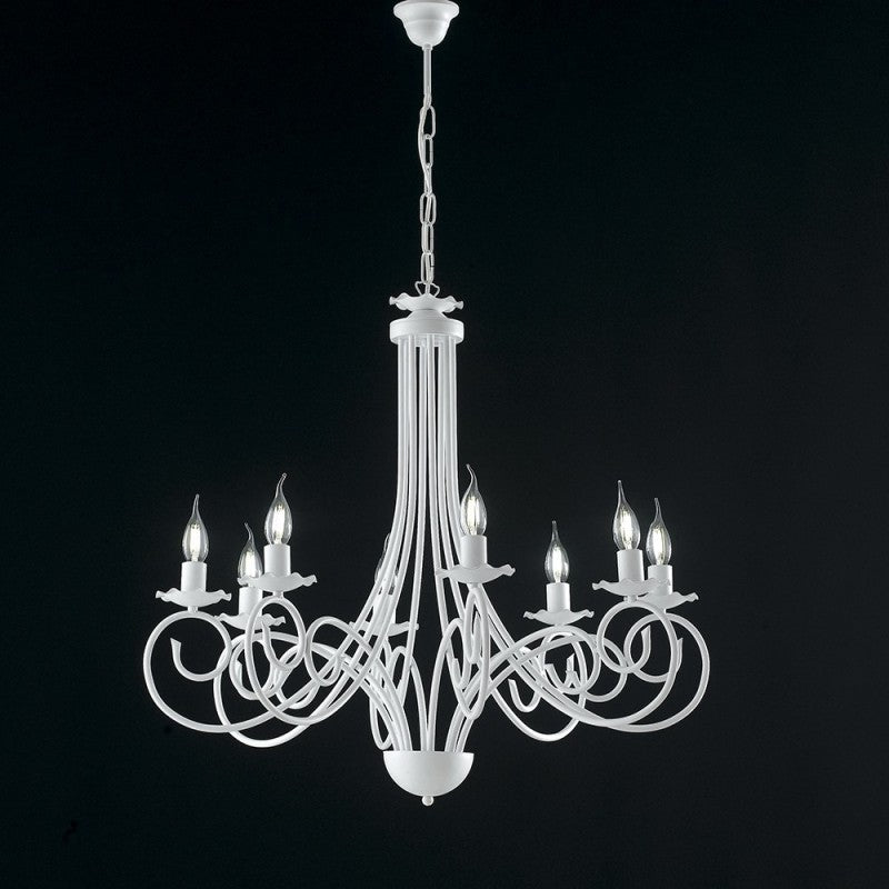 Lustre suspension en fer shabby blanc à huit lumières 67x h68 cm