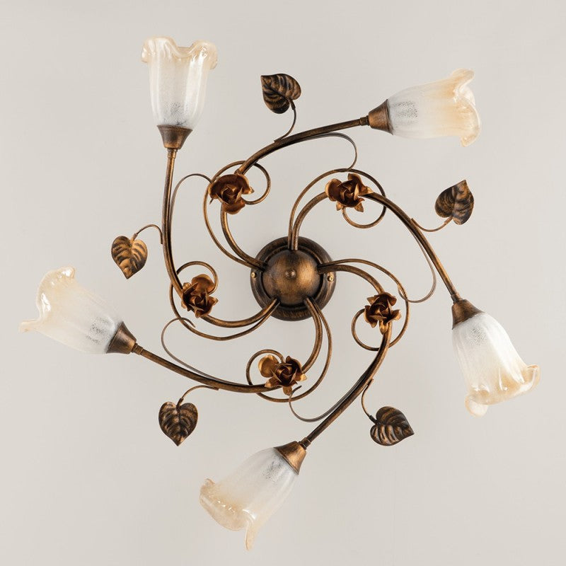 Plafonnier en fer Marron Feuilles d'Or cinq lumières 70x h15 cm