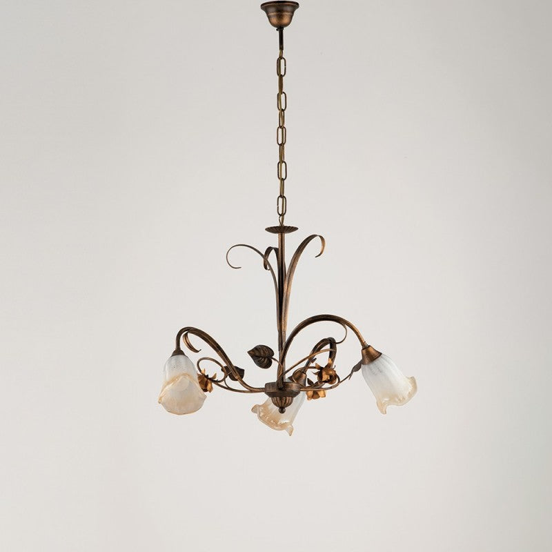 Lustre suspension en fer marron feuilles d'or trois lumières 54x h43 cm