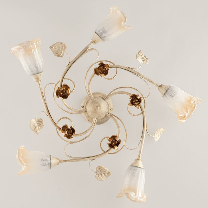 Plafonnier en fer rose Ivoire Or à cinq lumières 70x h15 cm