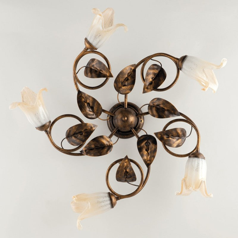 Plafonnier en fer Marron Or Ambre Blanc Verre cinq lumières 70x h20 cm