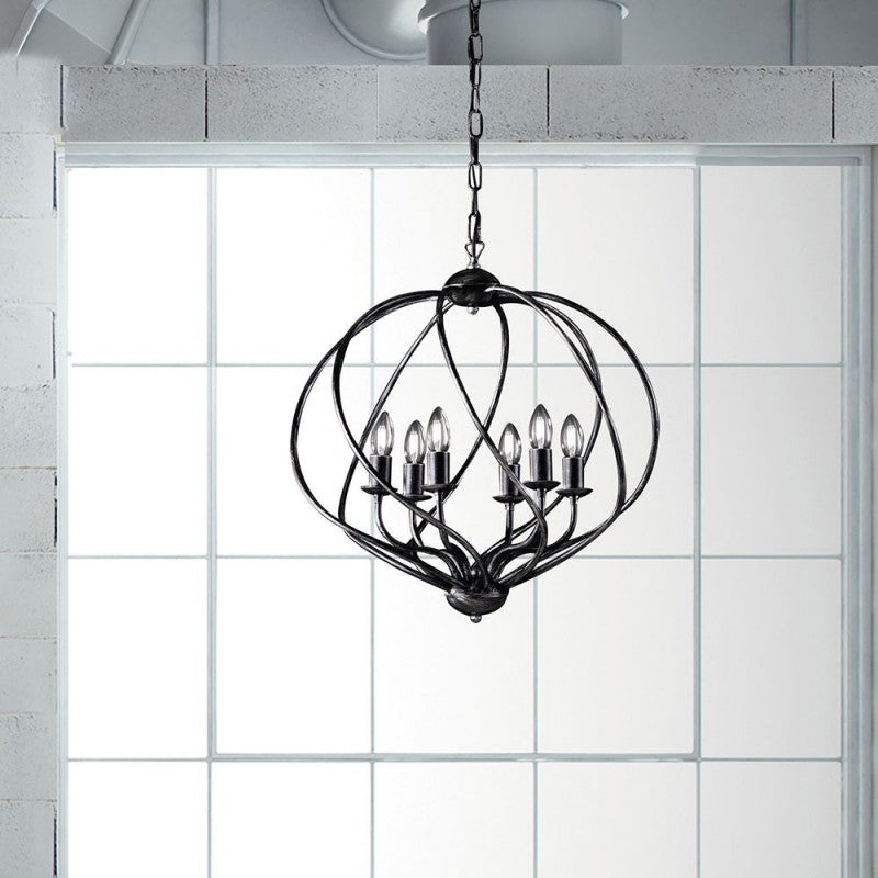 Lustre déco suspension en fer Noir décor Argent, six lumières 57x h57 cm