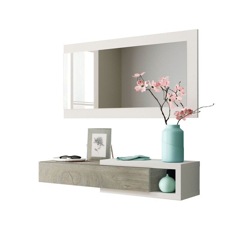 Meuble d'entrée avec miroir en bois blanc brillant blanc