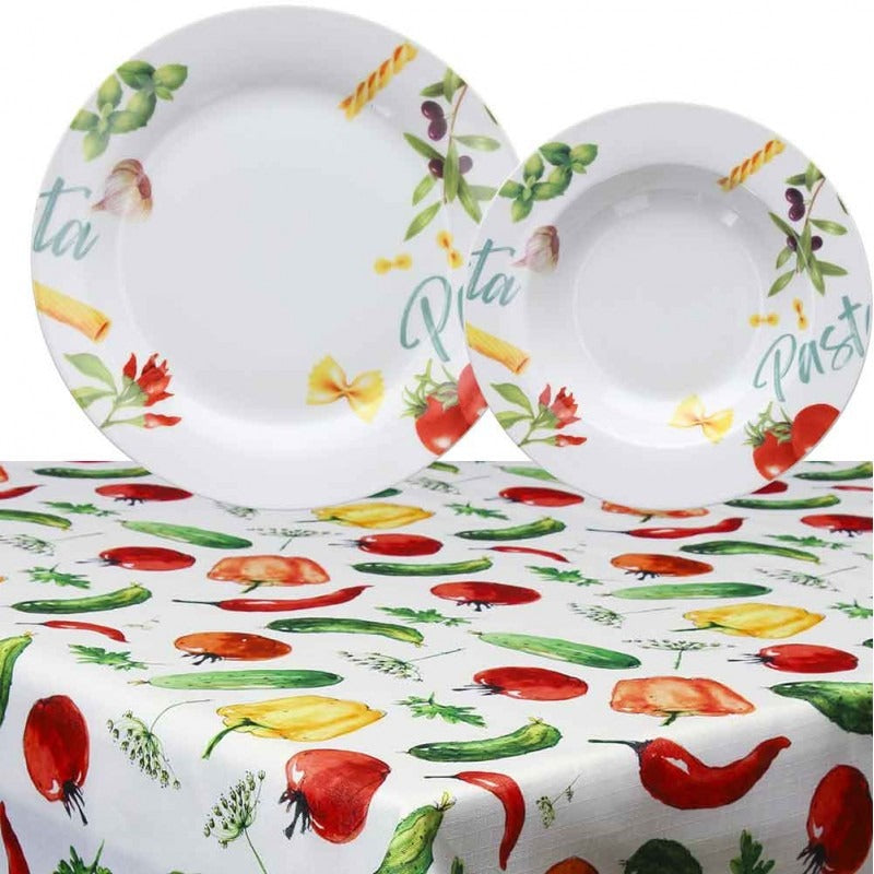Lot de 12 assiettes à pâtes et nappe multicolores ligne Olimpia