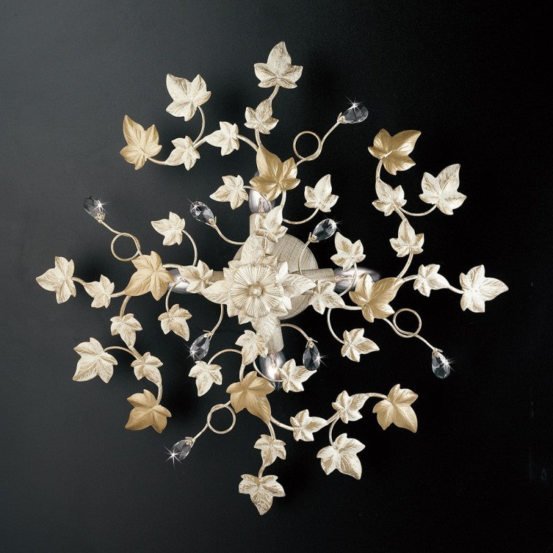 Plafonnier en fer doré clair ivoire à quatre lumières 60x h22 cm lierre