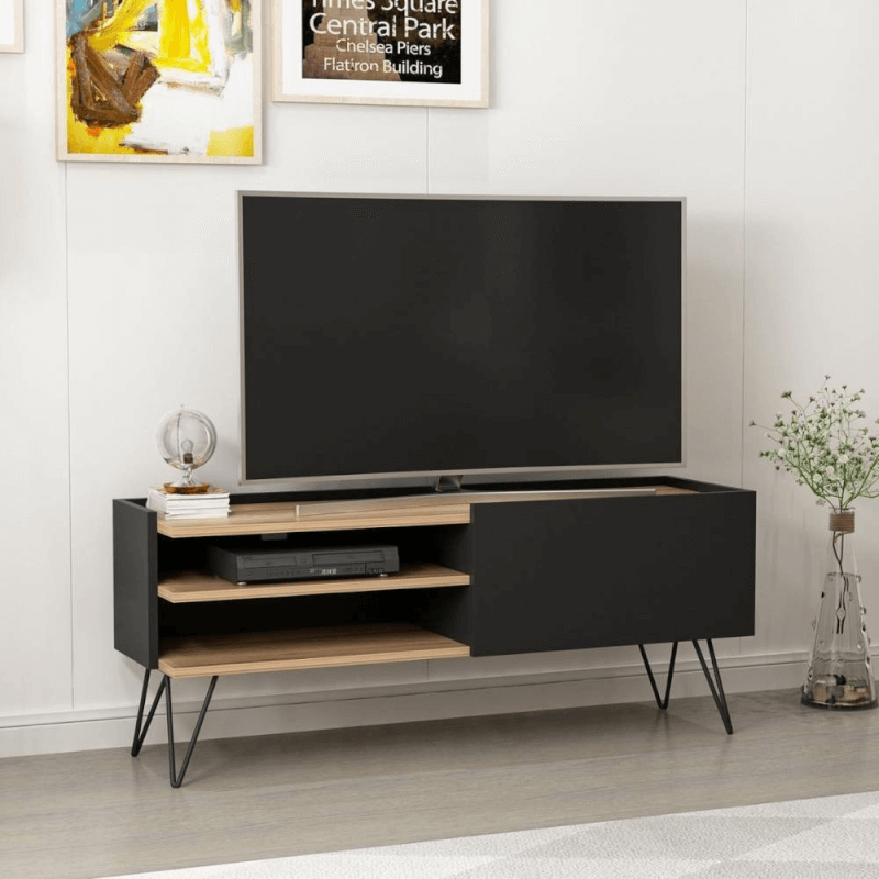 Meuble TV Aral noir et noyer avec porte abattante