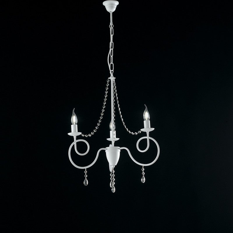 Lustre en fer blanc à trois lumières décoration strass shabby 50x h67 cm