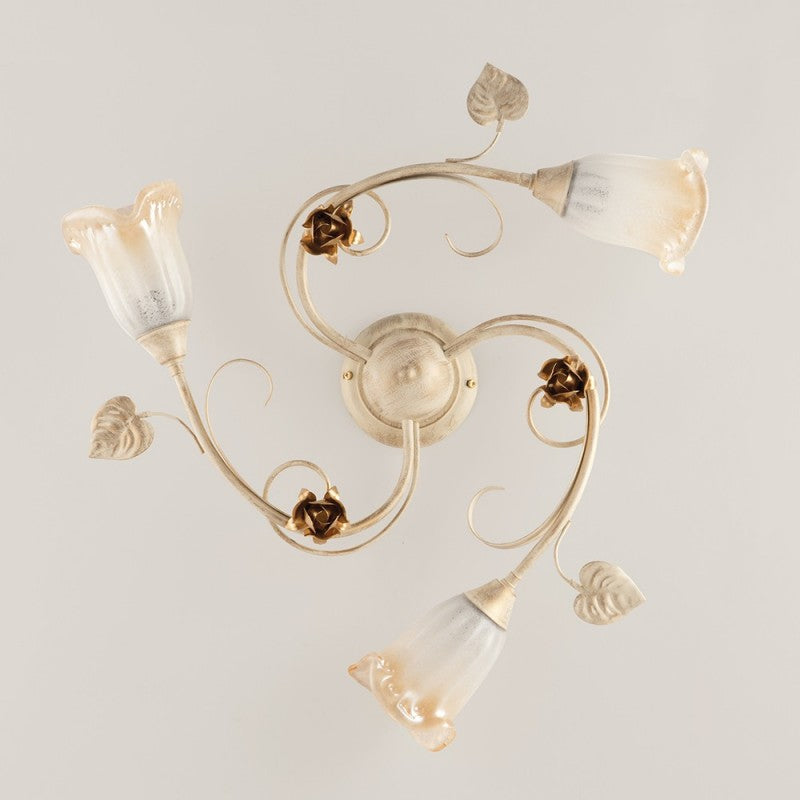 Plafonnier en fer rose ivoire doré à trois lumières 58x h15 cm