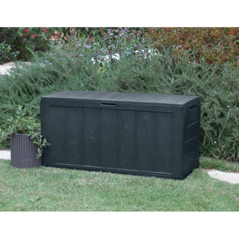 Malle en résine SHERWOOD graphite effet bois comprenant roulettes 117x45xh.57,5 cm