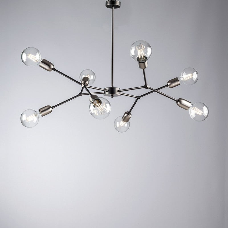 Lustre industriel en fer chromé satiné noir à huit lumières 79x h66 cm