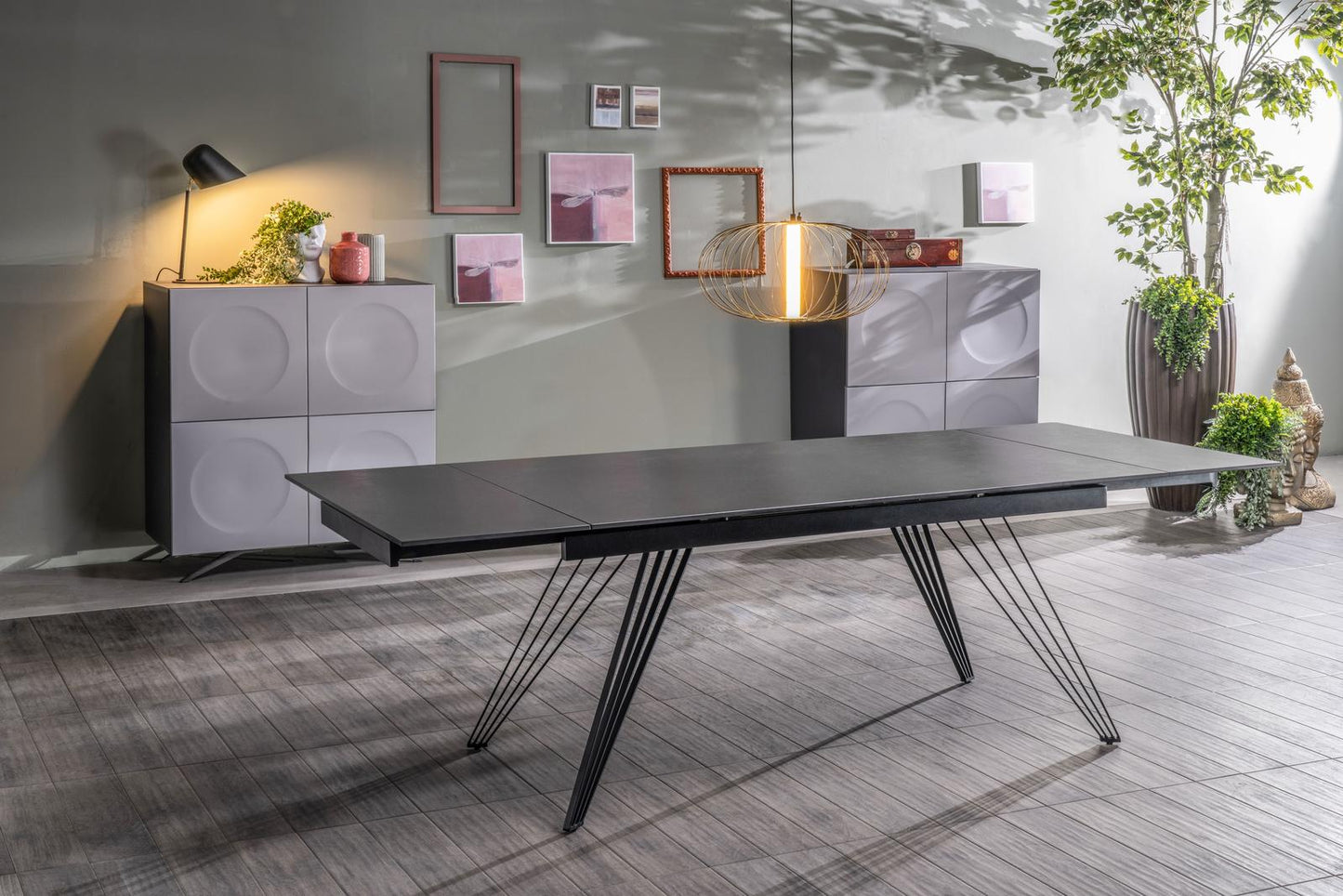 Table extensible vintage gris-noir mat 90 cm x 160-240 cm cm H. 76 cm