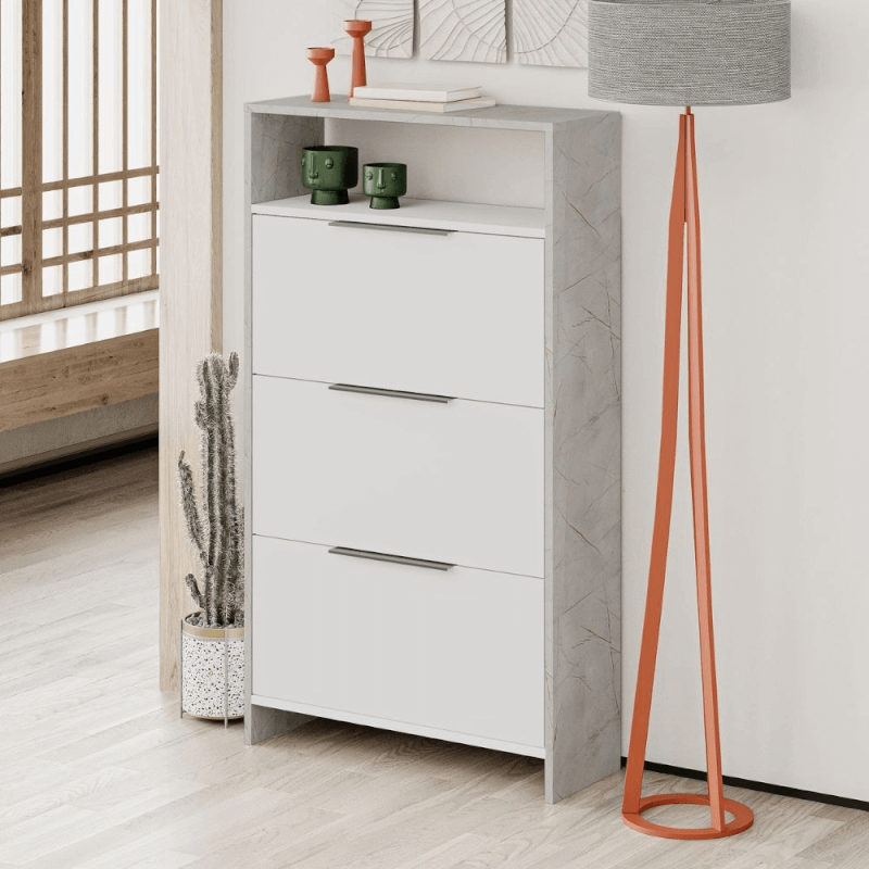 Étagère à chaussures Kaju avec 3 portes pliantes blanches et structure effet marbre gris