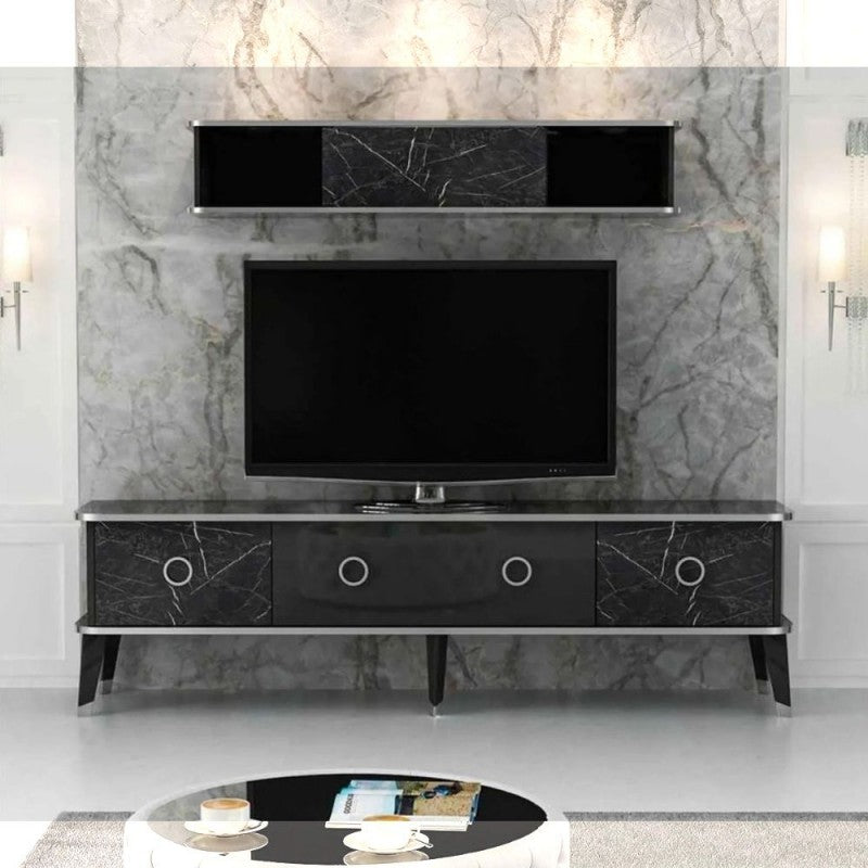 Meuble TV avec élément mural Bientv 180 effet marbre noir avec détails argentés