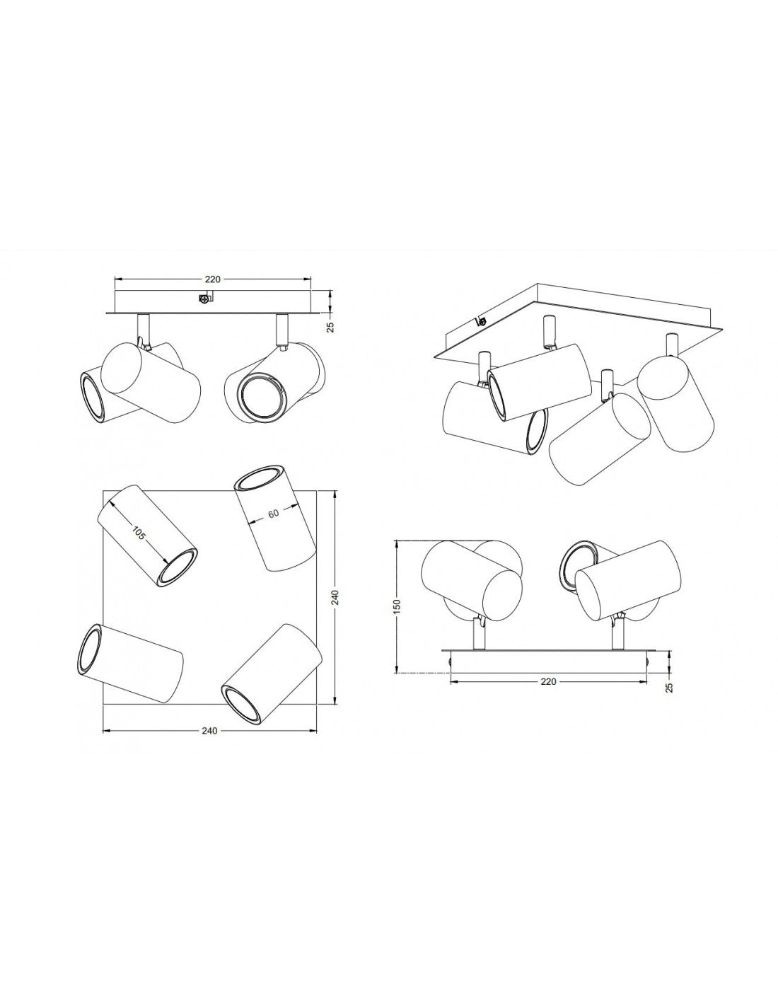 Spot Marley Plaque Carrée Dorée 4 Spots Cylindriques Noirs Ajustables Trio Lighting