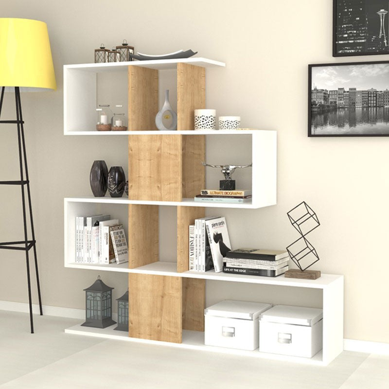 Etagère bibliothèque 4 niveaux 9 compartiments blanc et chêne 145x29xh.145 cm
