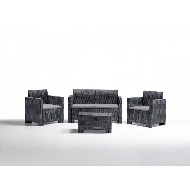 Canapé lounge de jardin en résine, fauteuils et table basse