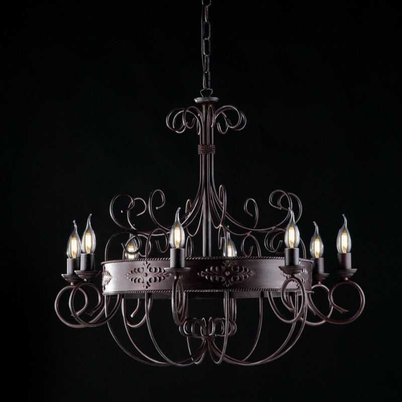 Lustre en fer laqué noir décor rouille, 8 lumières, 76 cm