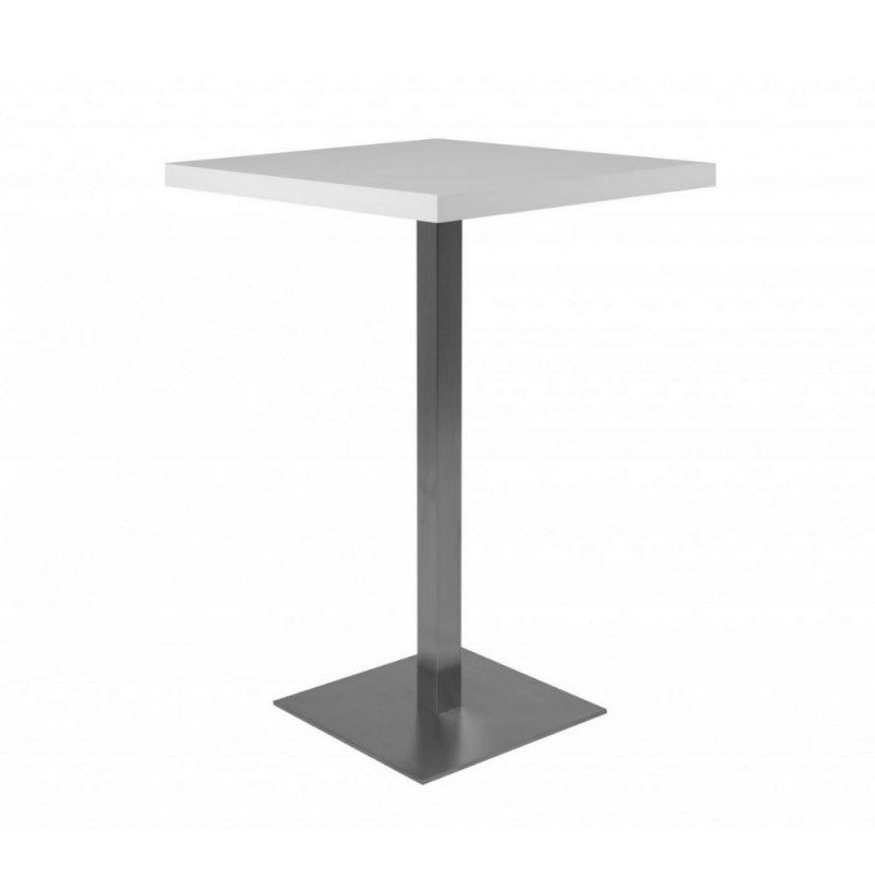 Table haute Quadrato 105 cm plateau blanc et base chromée 70x70xh.105 cm
