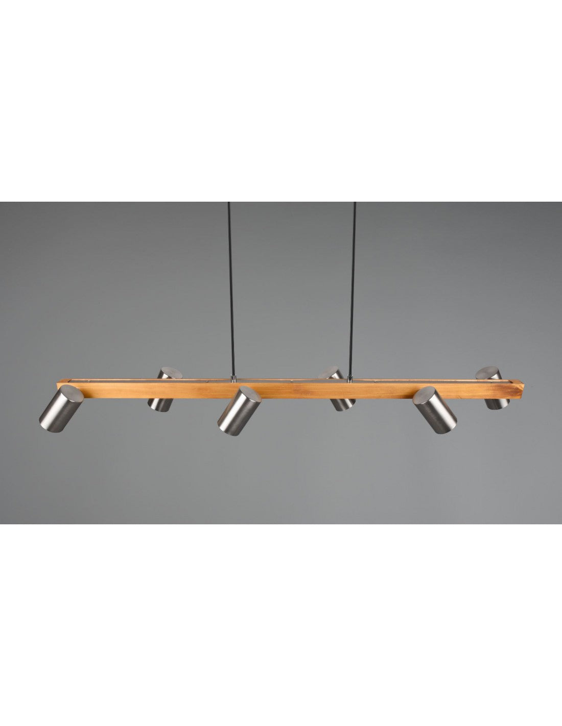 Suspension îlot en bois 6 spots cylindriques réglables en nickel Marley Trio Lighting