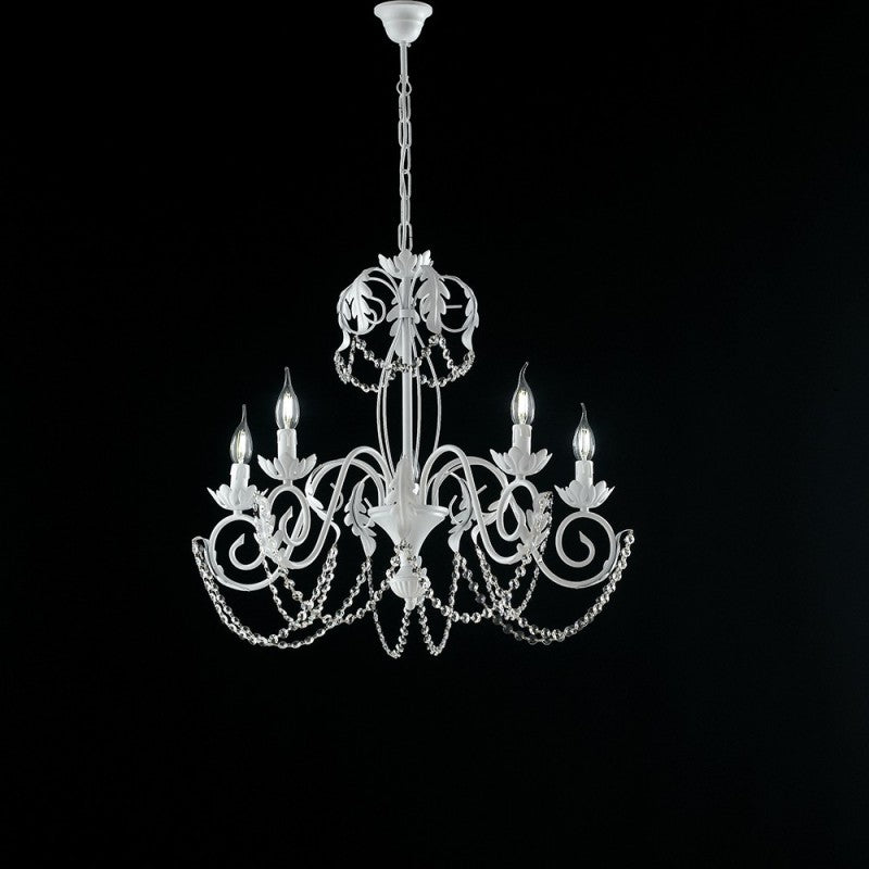 Lustre en fer Shabby blanc avec strass damas cinq lumières 63x h65 cm