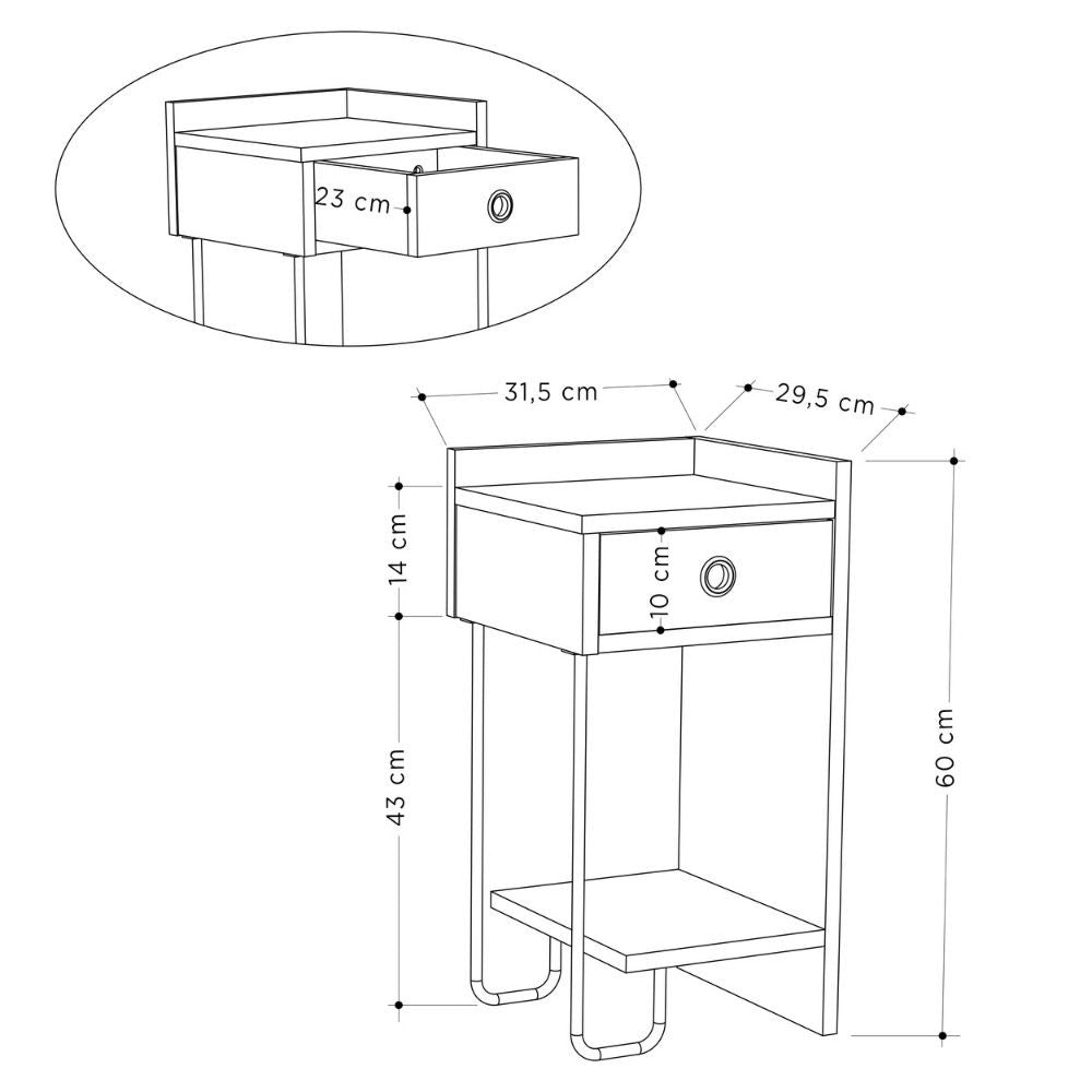 Table de chevet Sirius blanche avec tiroir et pied droit en métal noir