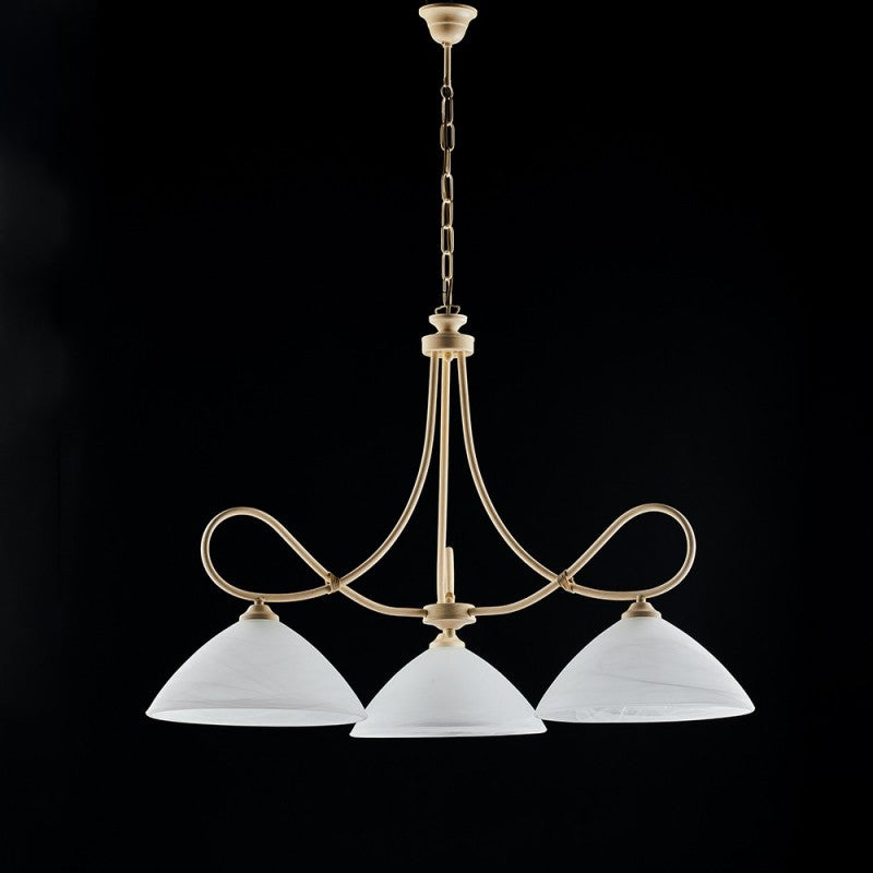 Lustre en fer décapé ivoire trois lumières abat-jour en verre albâtre blanc 78x h65 cm