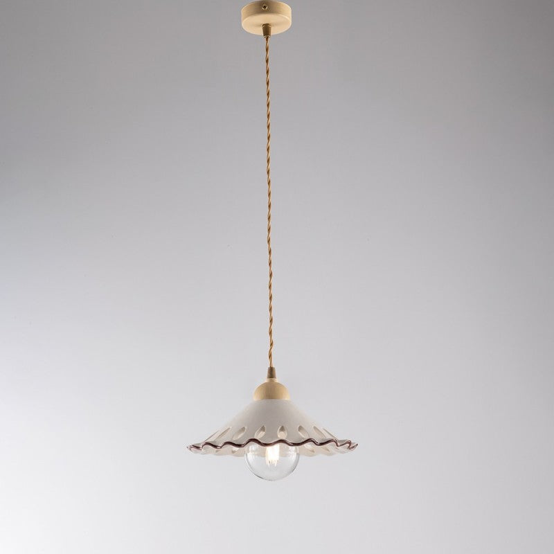 Lustre avec câble en tissu Décape Ivoire une lumière Abat-jour en céramique blanche 30x h15 cm