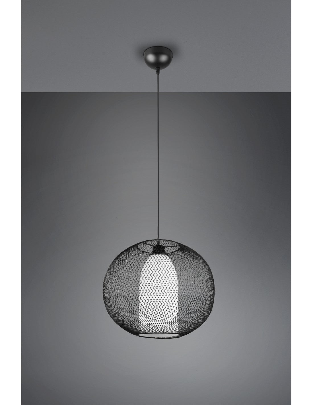 Suspension Lustre Diffuseur Rond Cage En Métal Noir Avec Fil De Verre Opale Trio Éclairage